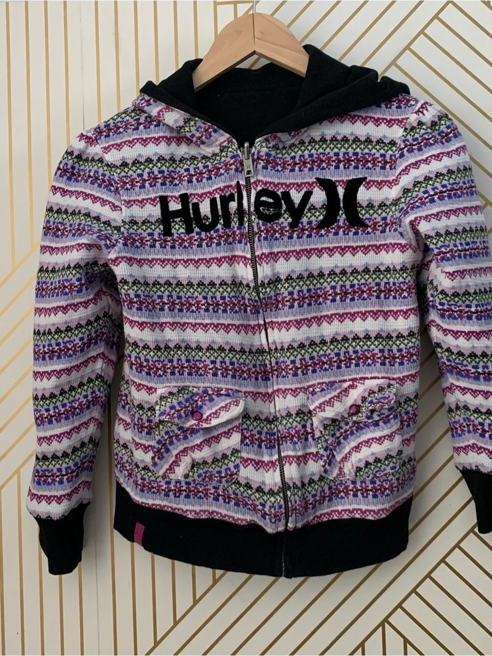 Hurley Y2K Reversible Fair isle Nordic striped Zip Up Hoodie 2000s cotton blend